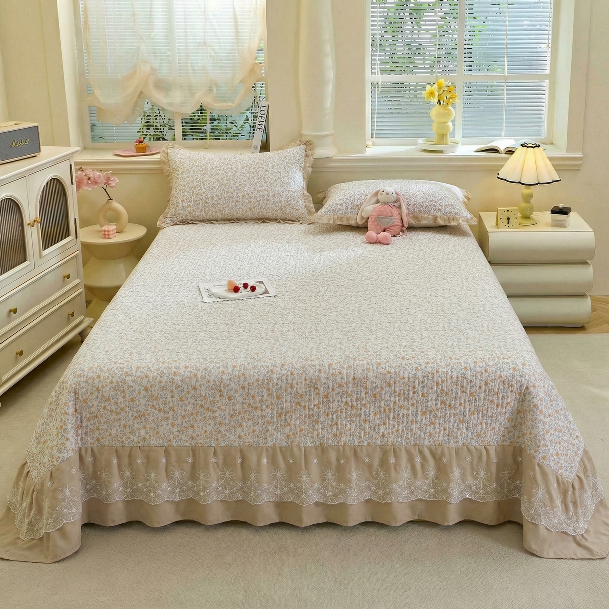 91家纺网 家纺一手货源 找家纺 （总）彩亿家纺 2026新款A类古法水洗仿棉蕾丝床盖三件套