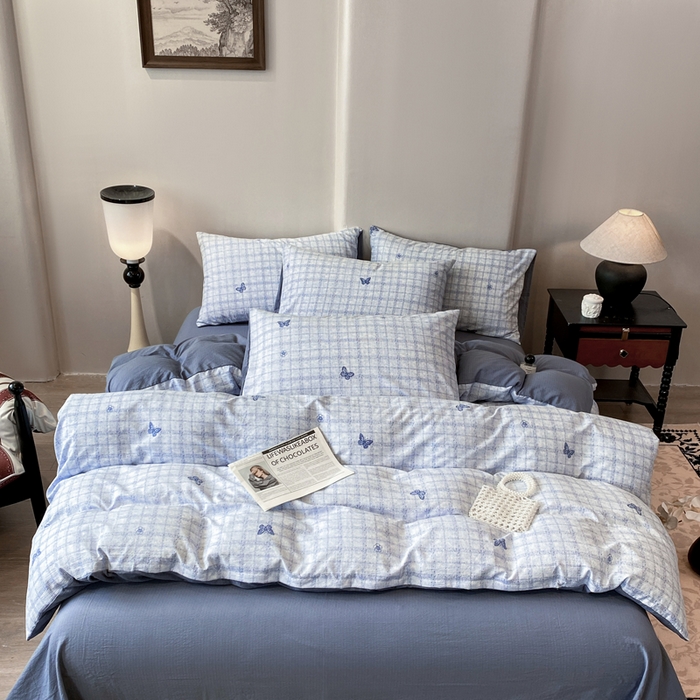 91家纺网 家纺一手货源 找家纺 红日子纺织品 2026春夏新款云感复古皱皱纱四件套 蝶舞-兰