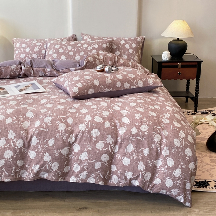 91家纺网 家纺一手货源 找家纺 红日子纺织品 2026春夏新款云感复古皱皱纱四件套 芳馨-豆沙