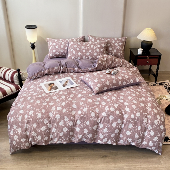 91家纺网 家纺一手货源 找家纺 红日子纺织品 2026春夏新款云感复古皱皱纱四件套 芳馨-豆沙