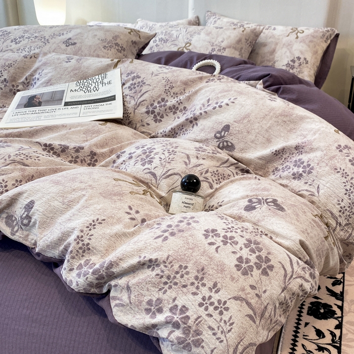 91家纺网 家纺一手货源 找家纺 红日子纺织品 2026春夏新款云感复古皱皱纱四件套 兰亭-紫