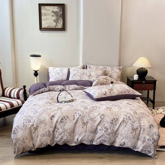 91家纺网 家纺一手货源 找家纺 红日子纺织品 2026春夏新款云感复古皱皱纱四件套 兰亭-紫