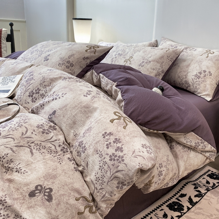 91家纺网 家纺一手货源 找家纺 红日子纺织品 2026春夏新款云感复古皱皱纱四件套 兰亭-紫