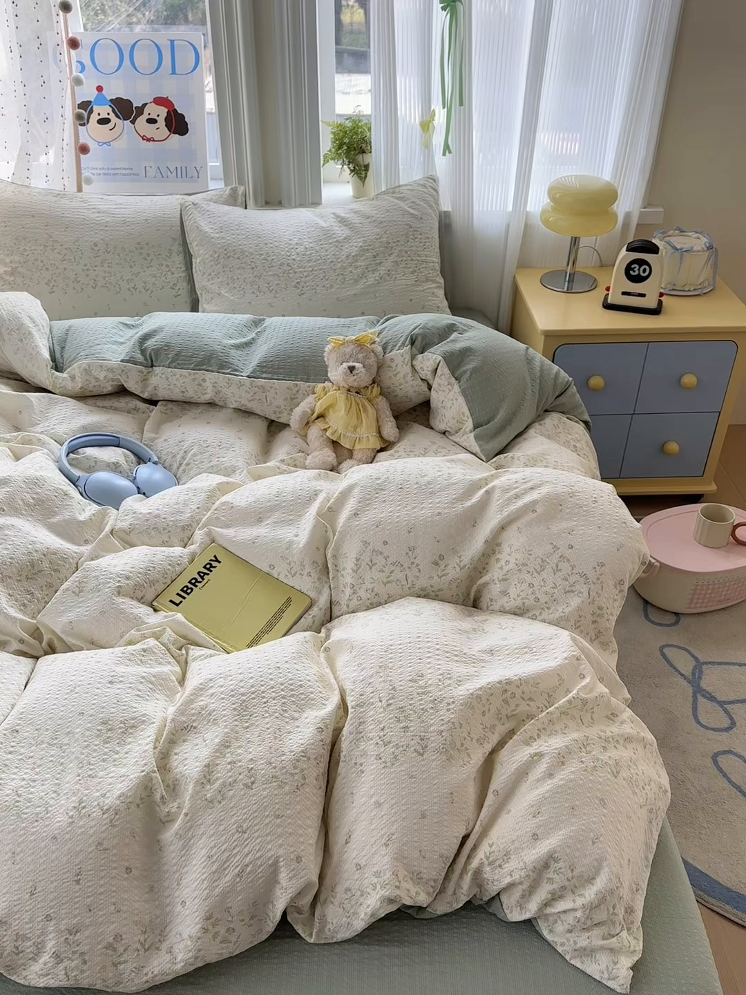 91家纺网 家纺一手货源 找家纺 佳鸿 2026新款泡芙棉软糯糯高克重110克四件套学生宿舍三件套单被套 春意绿