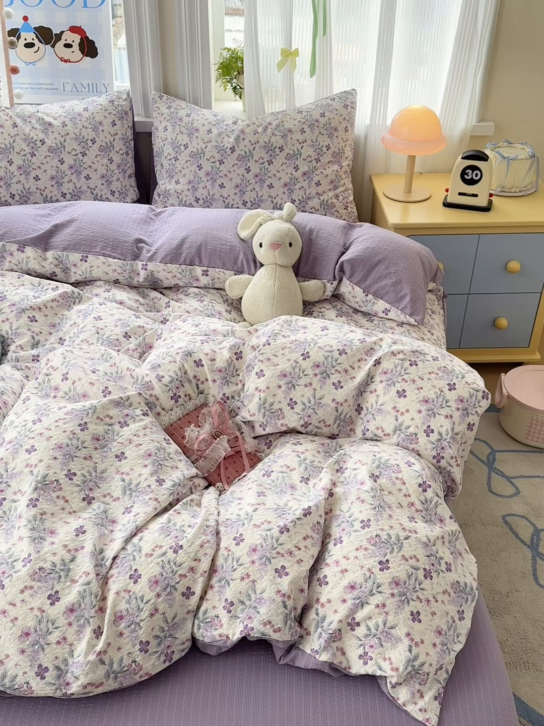 91家纺网 家纺一手货源 找家纺 佳鸿 2026新款泡芙棉软糯糯高克重110克四件套学生宿舍三件套单被套 春意紫