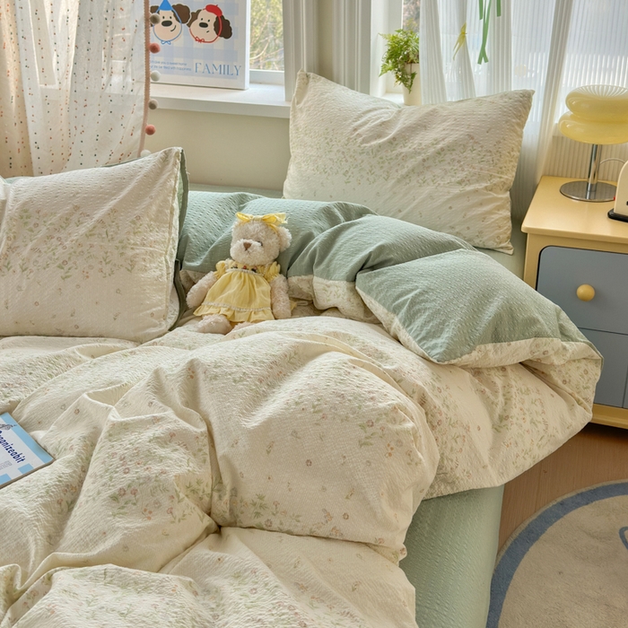 91家纺网 家纺一手货源 找家纺 佳鸿 2026新款泡芙棉软糯糯高克重110克四件套学生宿舍三件套单被套 春意绿