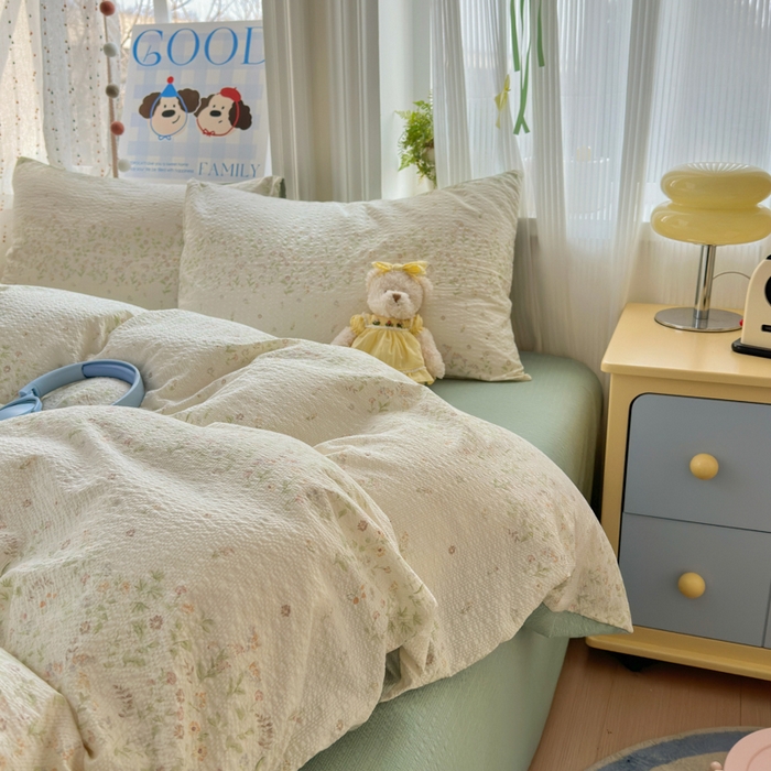 91家纺网 家纺一手货源 找家纺 佳鸿 2026新款泡芙棉软糯糯高克重110克四件套学生宿舍三件套单被套 春意绿