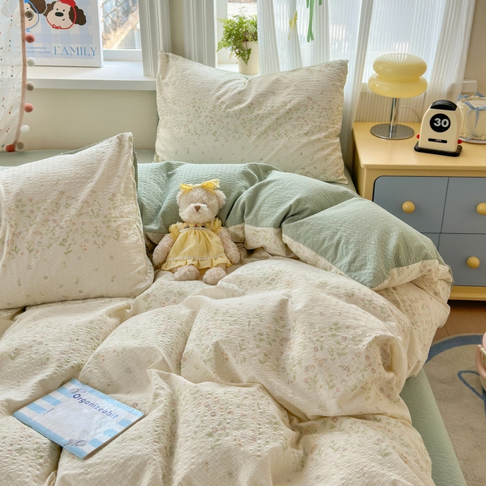 91家纺网 家纺一手货源 找家纺 佳鸿 2026新款泡芙棉软糯糯高克重110克四件套学生宿舍三件套单被套 春意绿