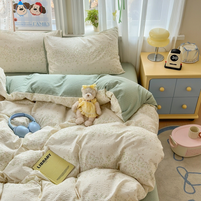 91家纺网 家纺一手货源 找家纺 佳鸿 2026新款泡芙棉软糯糯高克重110克四件套学生宿舍三件套单被套 春意绿