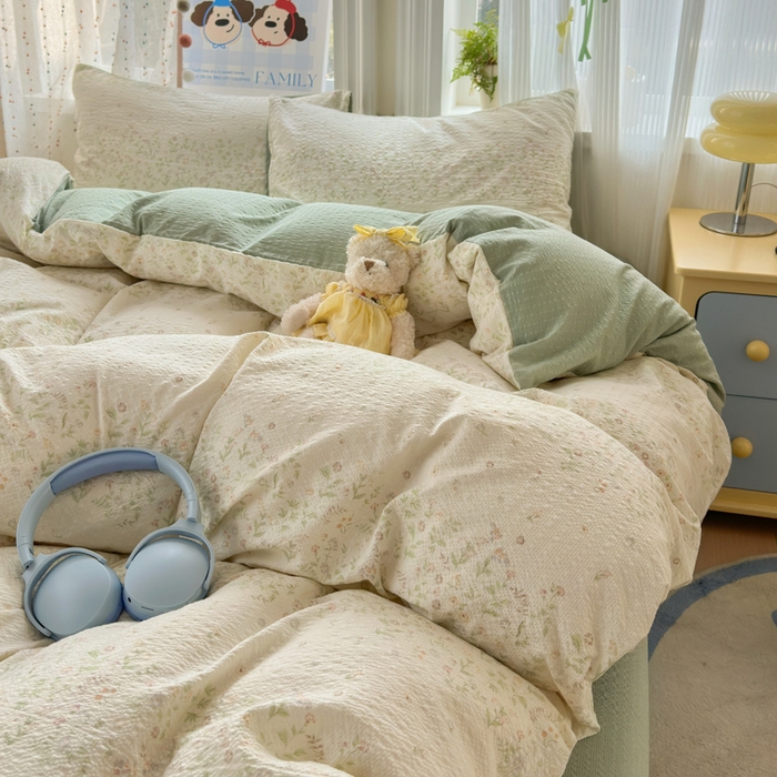 91家纺网 家纺一手货源 找家纺 佳鸿 2026新款泡芙棉软糯糯高克重110克四件套学生宿舍三件套单被套 春意绿