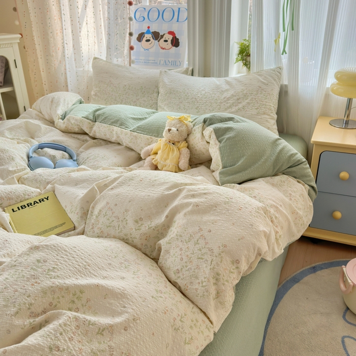 91家纺网 家纺一手货源 找家纺 佳鸿 2026新款泡芙棉软糯糯高克重110克四件套学生宿舍三件套单被套 春意绿