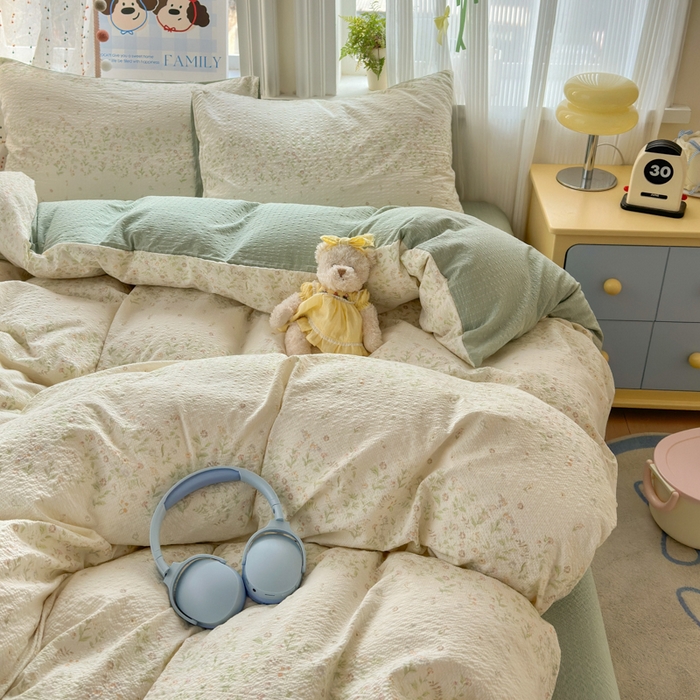 91家纺网 家纺一手货源 找家纺 佳鸿 2026新款泡芙棉软糯糯高克重110克四件套学生宿舍三件套单被套 春意绿