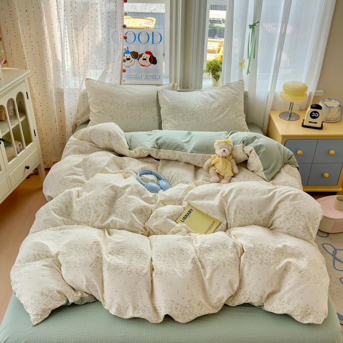 91家纺网 家纺一手货源 找家纺 佳鸿 2026新款泡芙棉软糯糯高克重110克四件套学生宿舍三件套单被套 春意绿