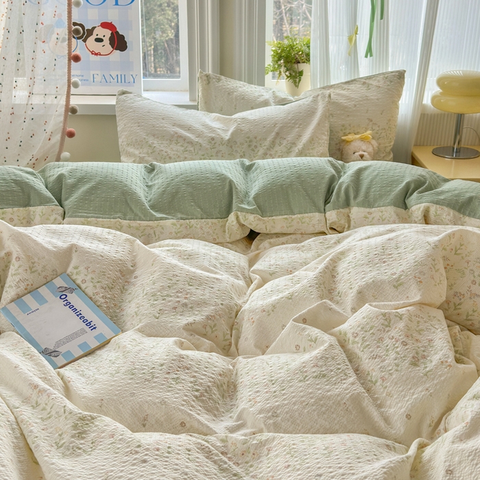 91家纺网 家纺一手货源 找家纺 佳鸿 2026新款泡芙棉软糯糯高克重110克四件套学生宿舍三件套单被套 春意绿