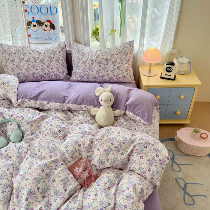 91家纺网 家纺一手货源 找家纺 佳鸿 2026新款泡芙棉软糯糯高克重110克四件套学生宿舍三件套单被套 春意紫