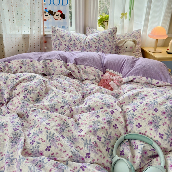 91家纺网 家纺一手货源 找家纺 佳鸿 2026新款泡芙棉软糯糯高克重110克四件套学生宿舍三件套单被套 春意紫