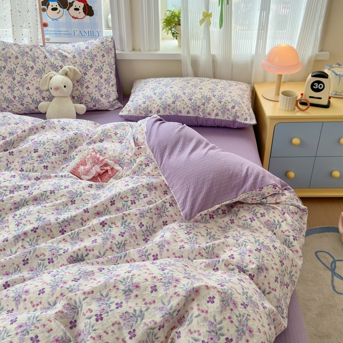 91家纺网 家纺一手货源 找家纺 佳鸿 2026新款泡芙棉软糯糯高克重110克四件套学生宿舍三件套单被套 春意紫