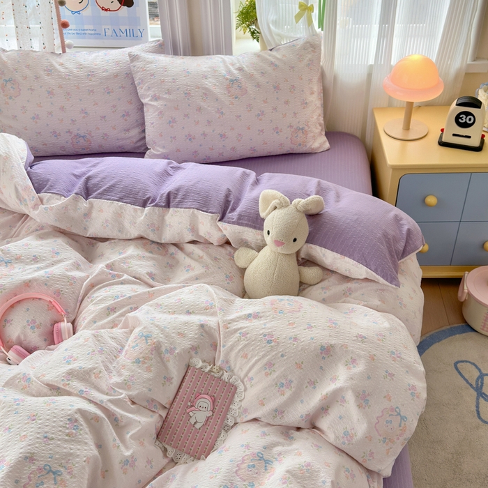 91家纺网 家纺一手货源 找家纺 佳鸿 2026新款泡芙棉软糯糯高克重110克四件套学生宿舍三件套单被套 花语织梦