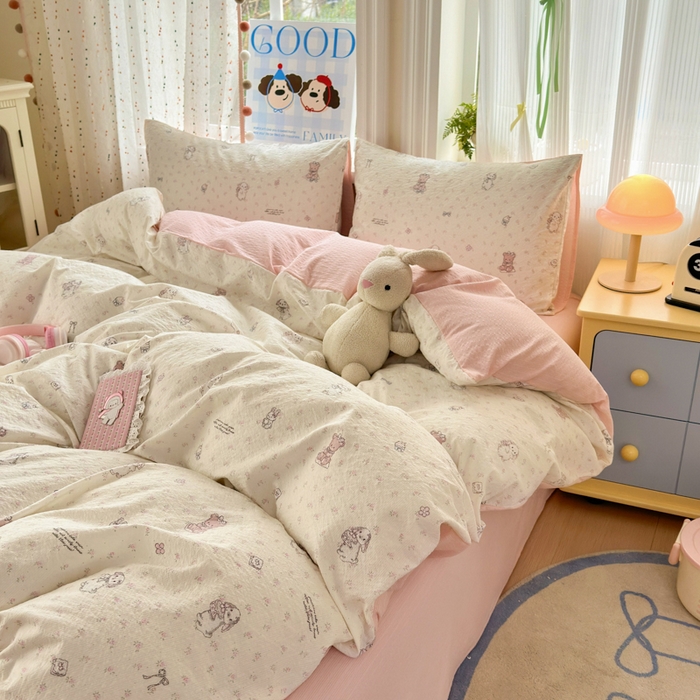 91家纺网 家纺一手货源 找家纺 佳鸿 2026新款泡芙棉软糯糯高克重110克四件套学生宿舍三件套单被套 花园兔