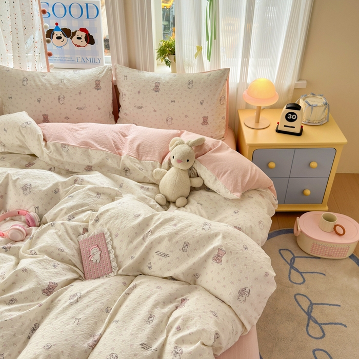 91家纺网 家纺一手货源 找家纺 佳鸿 2026新款泡芙棉软糯糯高克重110克四件套学生宿舍三件套单被套 花园兔