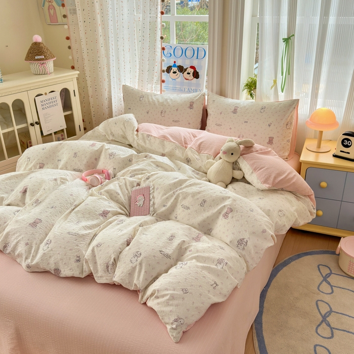 91家纺网 家纺一手货源 找家纺 佳鸿 2026新款泡芙棉软糯糯高克重110克四件套学生宿舍三件套单被套 花园兔