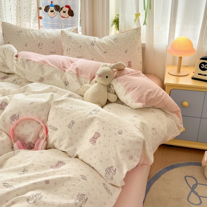 91家纺网 家纺一手货源 找家纺 佳鸿 2026新款泡芙棉软糯糯高克重110克四件套学生宿舍三件套单被套 花园兔