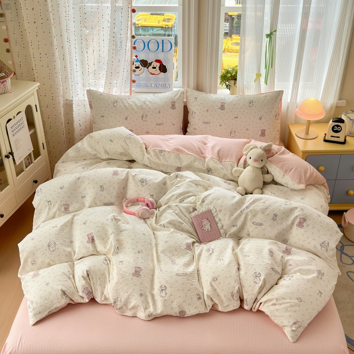 91家纺网 家纺一手货源 找家纺 佳鸿 2026新款泡芙棉软糯糯高克重110克四件套学生宿舍三件套单被套 花园兔