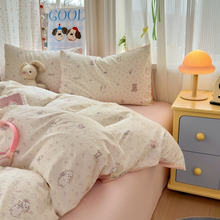 91家纺网 家纺一手货源 找家纺 佳鸿 2026新款泡芙棉软糯糯高克重110克四件套学生宿舍三件套单被套 花园兔