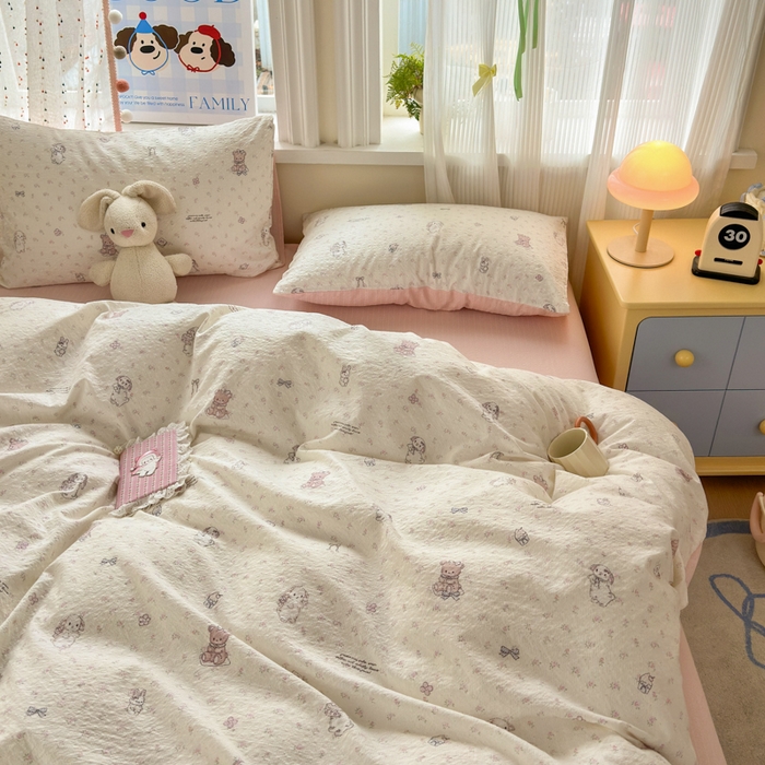 91家纺网 家纺一手货源 找家纺 佳鸿 2026新款泡芙棉软糯糯高克重110克四件套学生宿舍三件套单被套 花园兔