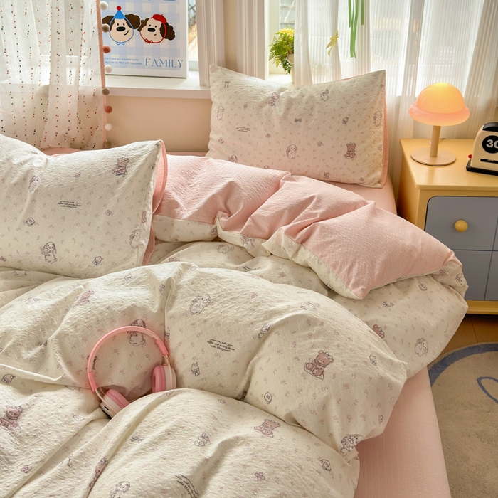 91家纺网 家纺一手货源 找家纺 佳鸿 2026新款泡芙棉软糯糯高克重110克四件套学生宿舍三件套单被套 花园兔