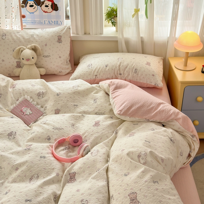 91家纺网 家纺一手货源 找家纺 佳鸿 2026新款泡芙棉软糯糯高克重110克四件套学生宿舍三件套单被套 花园兔