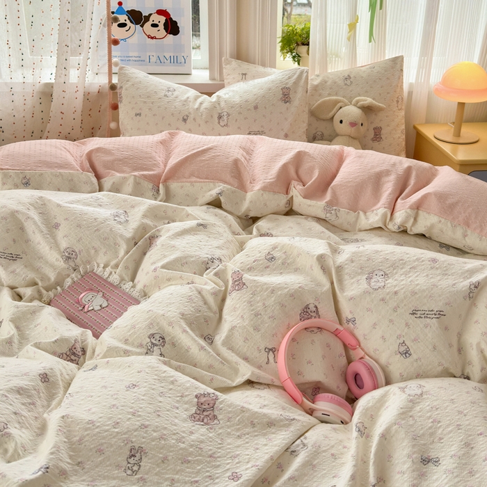 91家纺网 家纺一手货源 找家纺 佳鸿 2026新款泡芙棉软糯糯高克重110克四件套学生宿舍三件套单被套 花园兔