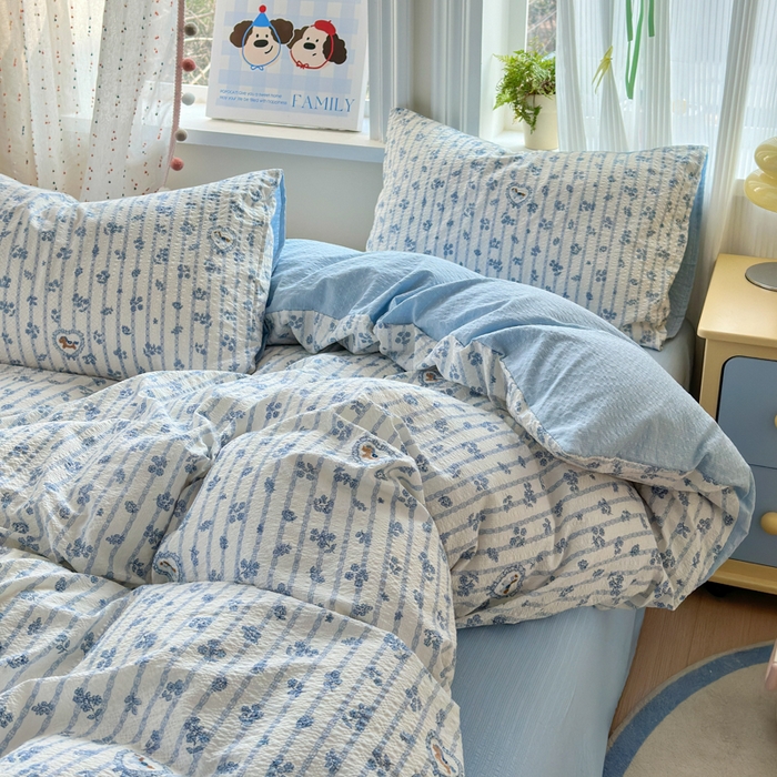 91家纺网 家纺一手货源 找家纺 佳鸿 2026新款泡芙棉软糯糯高克重110克四件套学生宿舍三件套单被套 蓝花小马