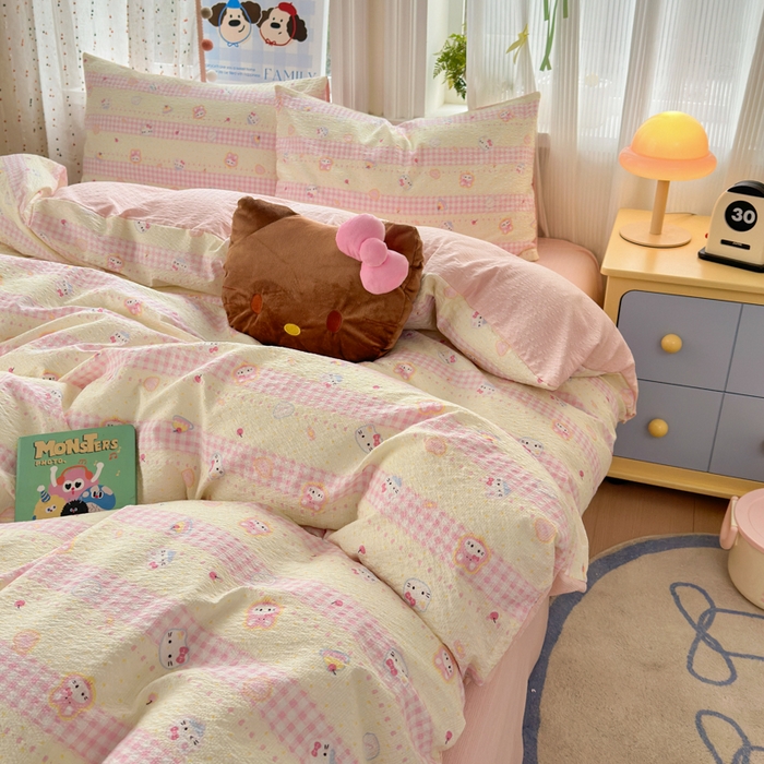 91家纺网 家纺一手货源 找家纺 佳鸿 2026新款泡芙棉软糯糯高克重110克四件套学生宿舍三件套单被套 kt喵喵粉