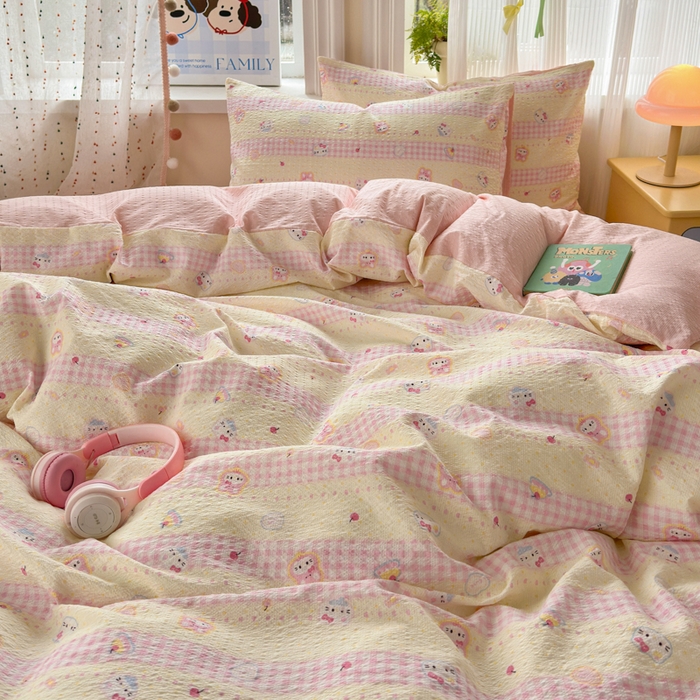 91家纺网 家纺一手货源 找家纺 佳鸿 2026新款泡芙棉软糯糯高克重110克四件套学生宿舍三件套单被套 kt喵喵粉