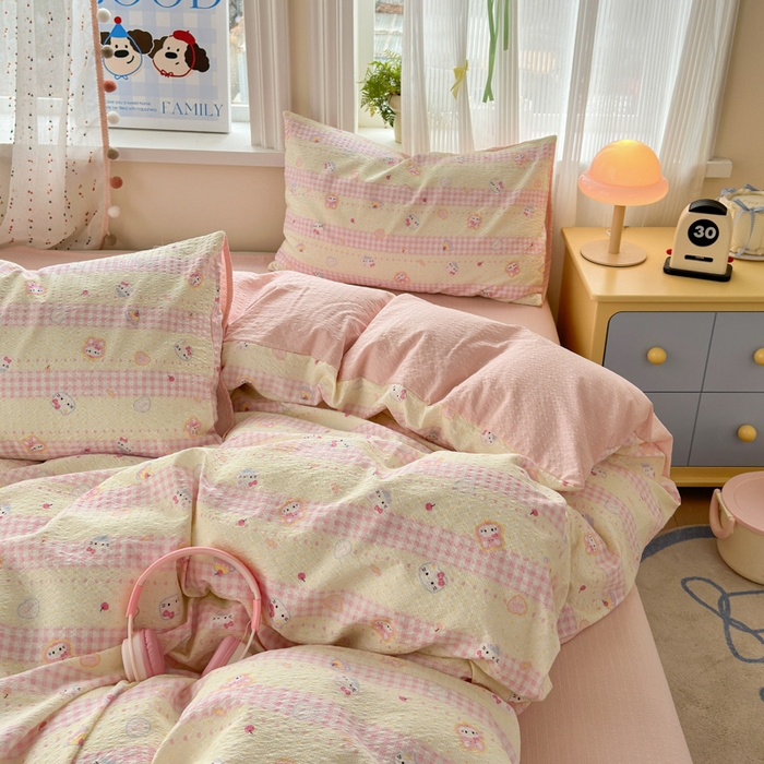 91家纺网 家纺一手货源 找家纺 佳鸿 2026新款泡芙棉软糯糯高克重110克四件套学生宿舍三件套单被套 kt喵喵粉