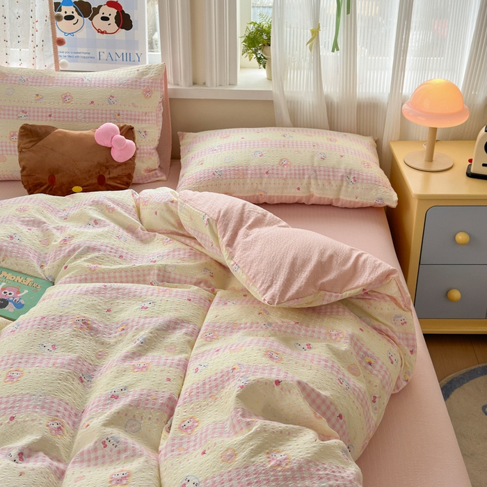 91家纺网 家纺一手货源 找家纺 佳鸿 2026新款泡芙棉软糯糯高克重110克四件套学生宿舍三件套单被套 kt喵喵粉