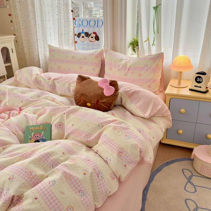 91家纺网 家纺一手货源 找家纺 佳鸿 2026新款泡芙棉软糯糯高克重110克四件套学生宿舍三件套单被套 kt喵喵粉