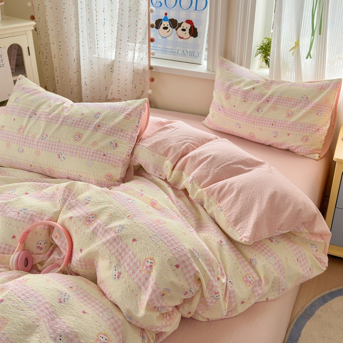 91家纺网 家纺一手货源 找家纺 佳鸿 2026新款泡芙棉软糯糯高克重110克四件套学生宿舍三件套单被套 kt喵喵粉