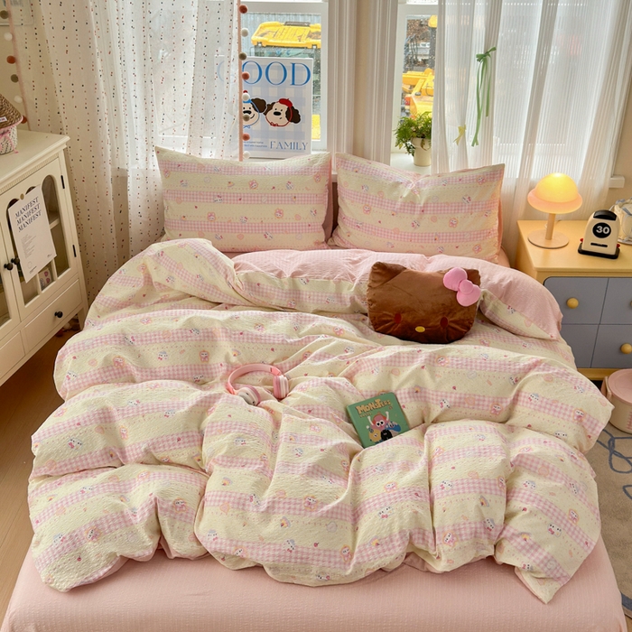 91家纺网 家纺一手货源 找家纺 佳鸿 2026新款泡芙棉软糯糯高克重110克四件套学生宿舍三件套单被套 kt喵喵粉