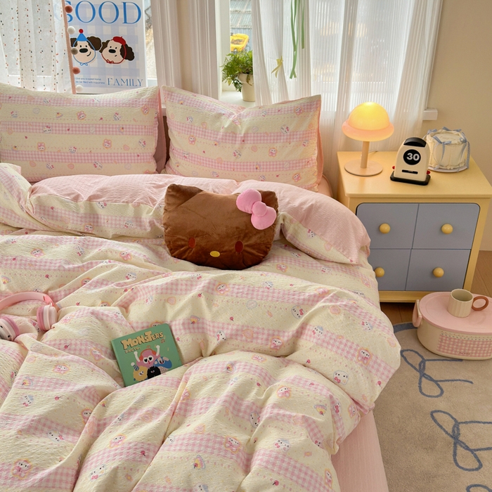 91家纺网 家纺一手货源 找家纺 佳鸿 2026新款泡芙棉软糯糯高克重110克四件套学生宿舍三件套单被套 kt喵喵粉