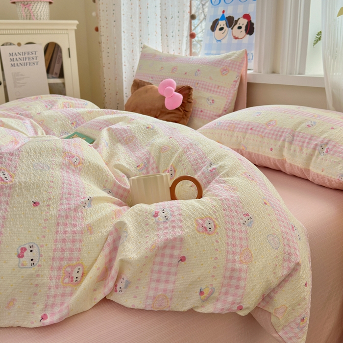 91家纺网 家纺一手货源 找家纺 佳鸿 2026新款泡芙棉软糯糯高克重110克四件套学生宿舍三件套单被套 kt喵喵粉