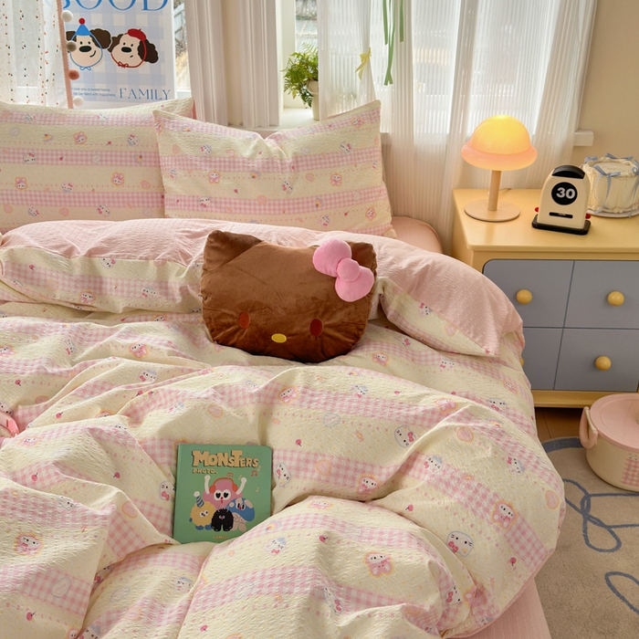 91家纺网 家纺一手货源 找家纺 佳鸿 2026新款泡芙棉软糯糯高克重110克四件套学生宿舍三件套单被套 kt喵喵粉