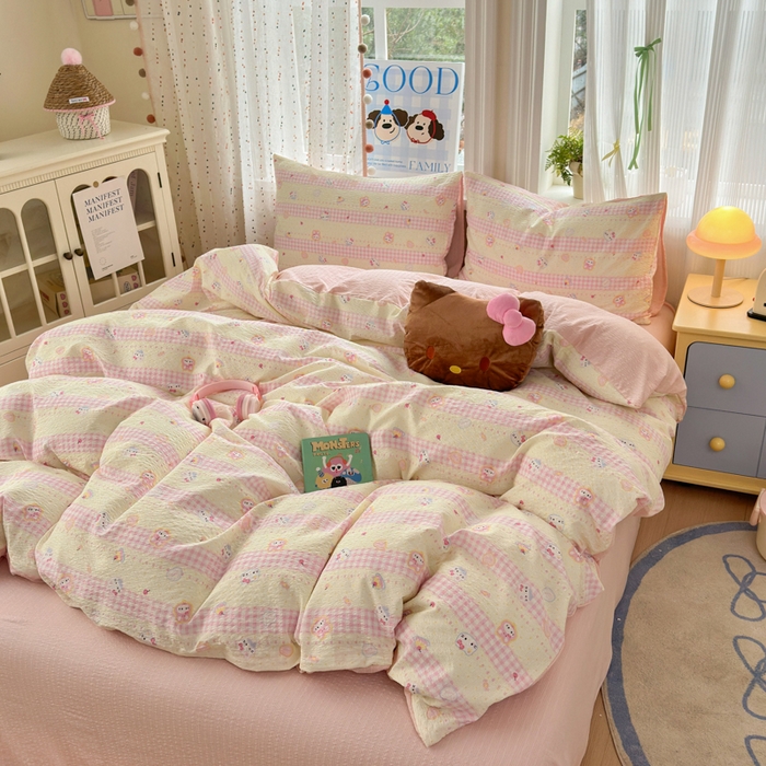 91家纺网 家纺一手货源 找家纺 佳鸿 2026新款泡芙棉软糯糯高克重110克四件套学生宿舍三件套单被套 kt喵喵粉