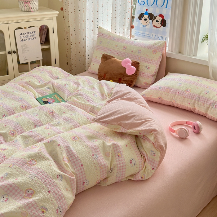 91家纺网 家纺一手货源 找家纺 佳鸿 2026新款泡芙棉软糯糯高克重110克四件套学生宿舍三件套单被套 kt喵喵粉