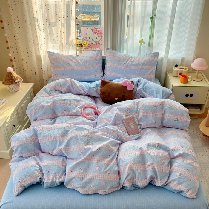 91家纺网 家纺一手货源 找家纺 佳鸿 2026新款泡芙棉软糯糯高克重110克四件套学生宿舍三件套单被套 kt喵喵蓝