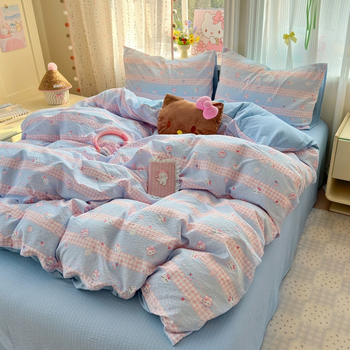 91家纺网 家纺一手货源 找家纺 佳鸿 2026新款泡芙棉软糯糯高克重110克四件套学生宿舍三件套单被套 kt喵喵蓝