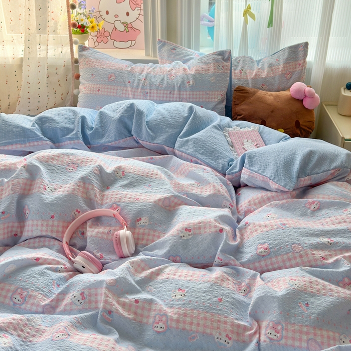 91家纺网 家纺一手货源 找家纺 佳鸿 2026新款泡芙棉软糯糯高克重110克四件套学生宿舍三件套单被套 kt喵喵蓝