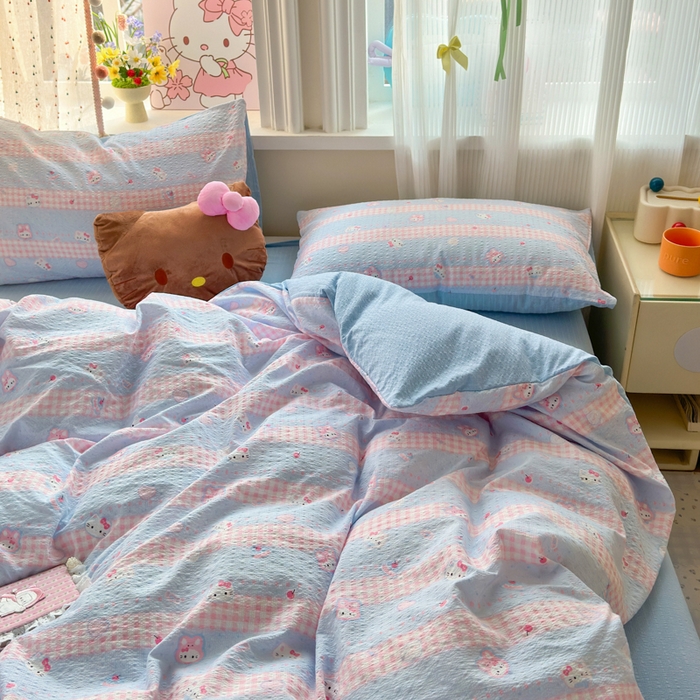 91家纺网 家纺一手货源 找家纺 佳鸿 2026新款泡芙棉软糯糯高克重110克四件套学生宿舍三件套单被套 kt喵喵蓝