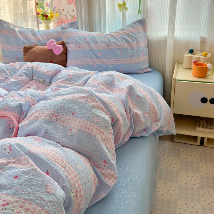 91家纺网 家纺一手货源 找家纺 佳鸿 2026新款泡芙棉软糯糯高克重110克四件套学生宿舍三件套单被套 kt喵喵蓝